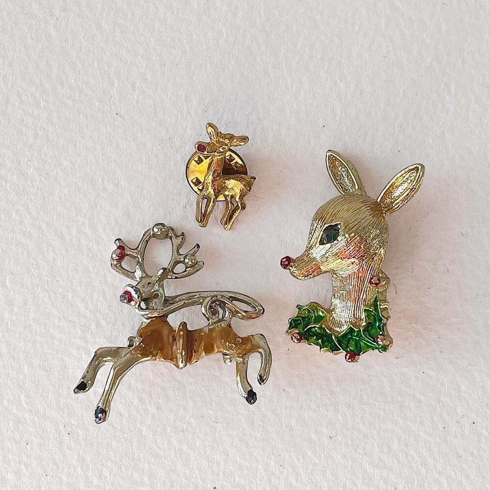 Vintage Christmas Pins Reindeer Rhinestone Enamel Brooch Signed Gerrys Lot of 3